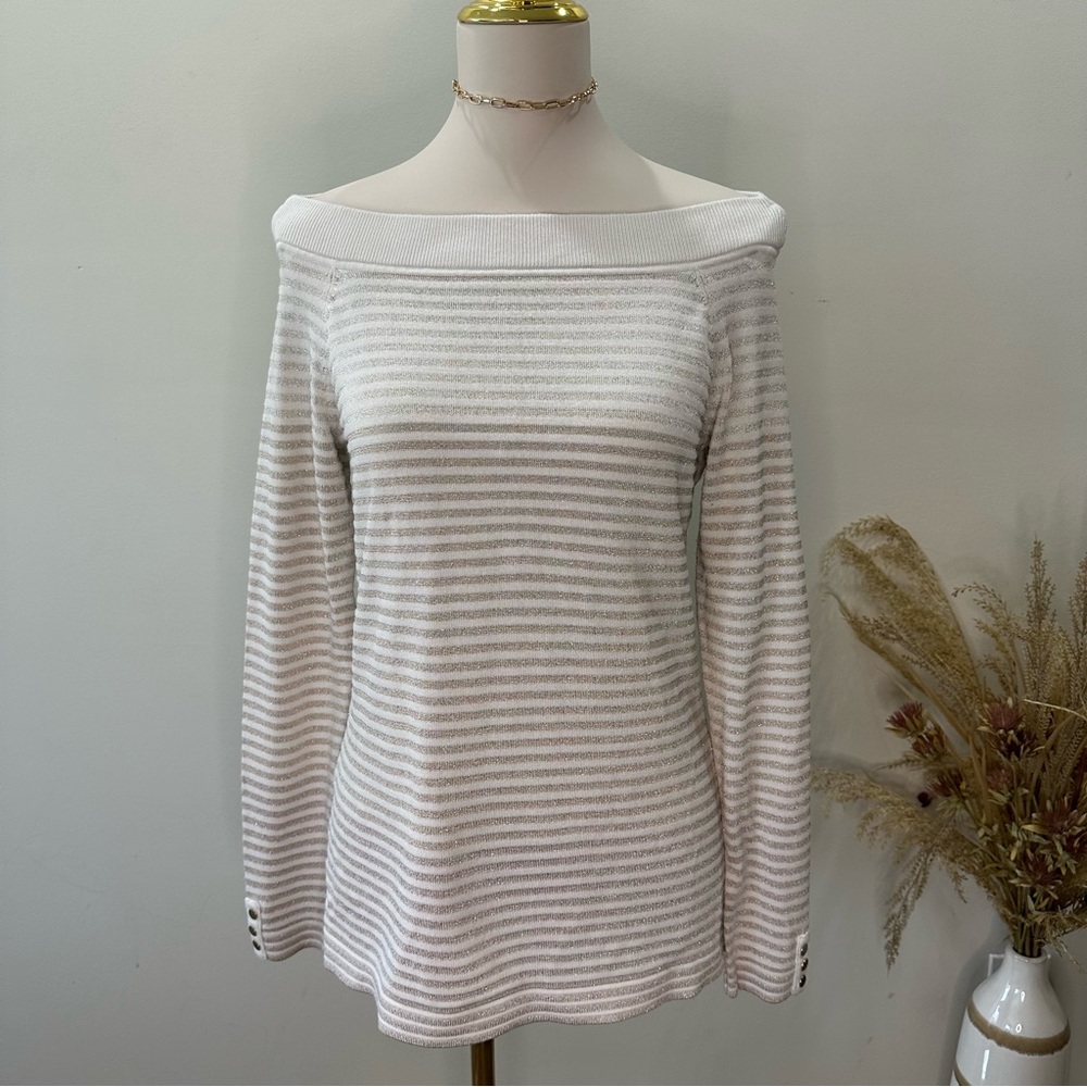 WHBM Shimmer Metallic Stripe Off‎ The Shoulder Long Sleeve Sweater Size M